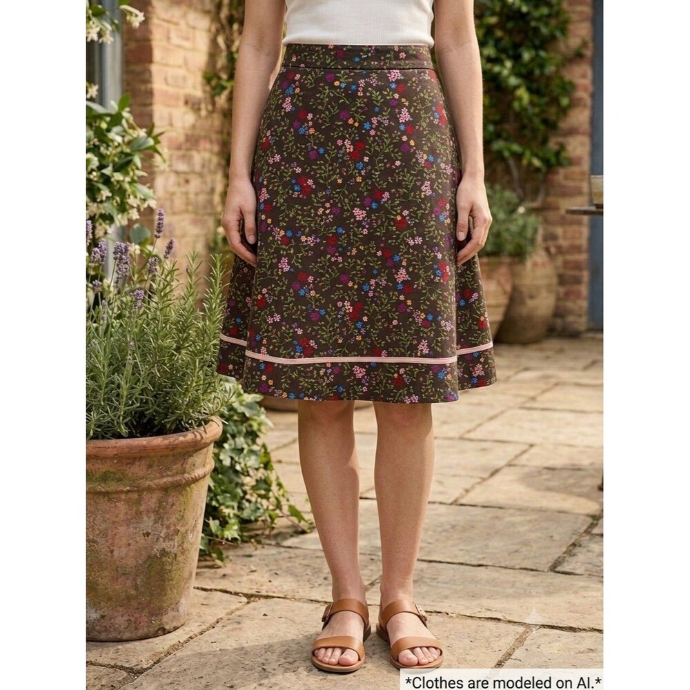 Women's Brown Floral Cotton Knit A-Line Knee Cottagecore Boho Skirt L